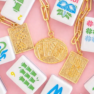 Mahjong Charm Tile Necklace- Paper Clip Chain - 18k Gold Plated -