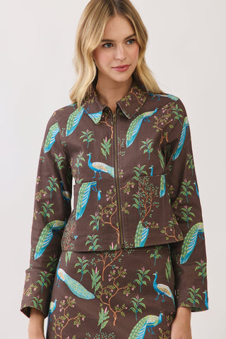 The Audrey Botanical Bird Print Cropped Zip Jacket