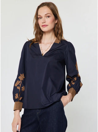 The Adeline Floral Contrast Embroidered Long Sleeve Blouse