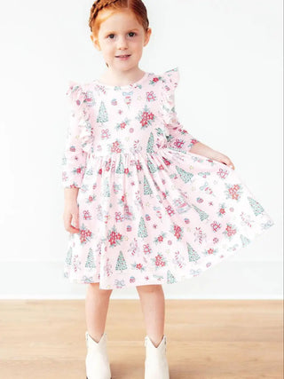 Pink Christmas 3/4 Sleeve Ruffle Twirl Dress