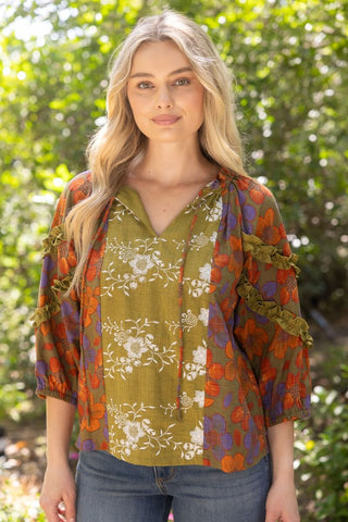 The Fera 3/4 Sleeve Ruffled Block Print Top