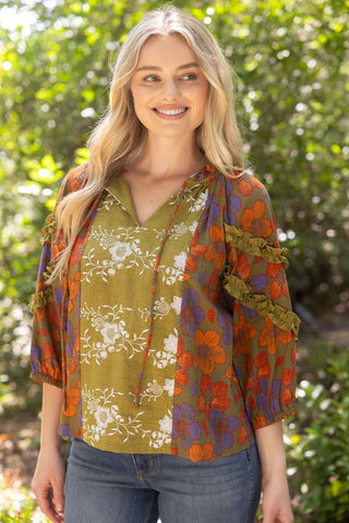 The Fera 3/4 Sleeve Ruffled Block Print Top
