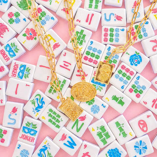 Mahjong Charm Tile Necklace- Paper Clip Chain - 18k Gold Plated -