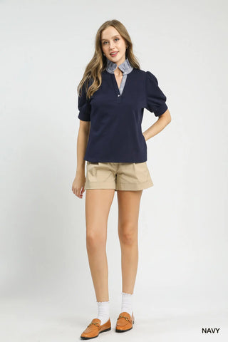 The Freya Puff Sleeve Contrast Collar Knit Top