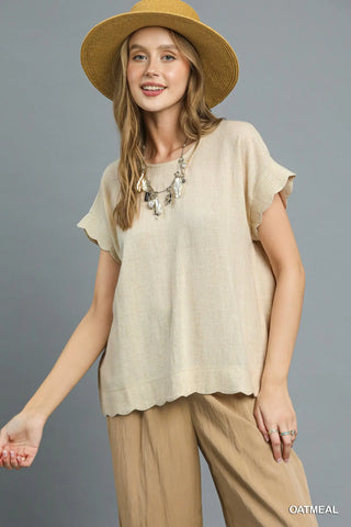 The Savannah Scallop Hem Linen Blend Top