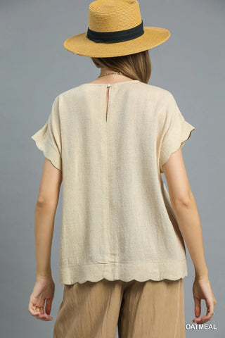 The Savannah Scallop Hem Linen Blend Top