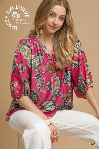 The Brynn Abstract Print Split Neck Top