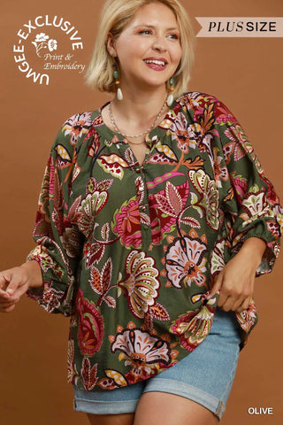 The Brynn Abstract Print Split Neck Top