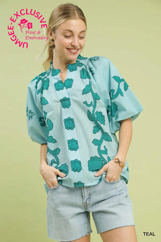 The Aria Smocked Stand Collar Puff Sleeve Embo Printed Top