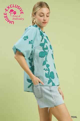 The Aria Smocked Stand Collar Puff Sleeve Embo Printed Top