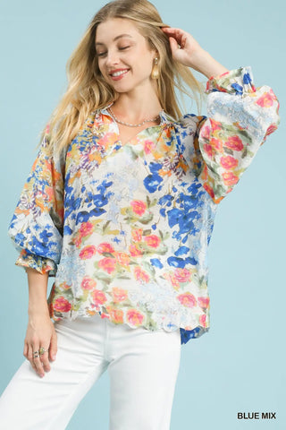 The Adeline Floral Watercolor Print Raglan Puff Sleeve Scalloped Split Neck Top