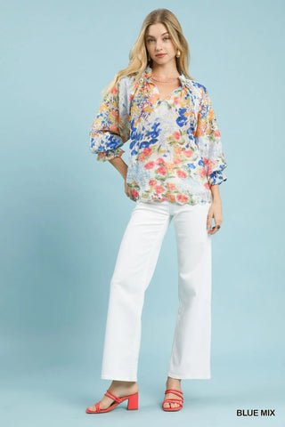 The Adeline Floral Watercolor Print Raglan Puff Sleeve Scalloped Split Neck Top