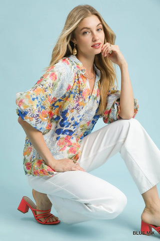 The Adeline Floral Watercolor Print Raglan Puff Sleeve Scalloped Split Neck Top