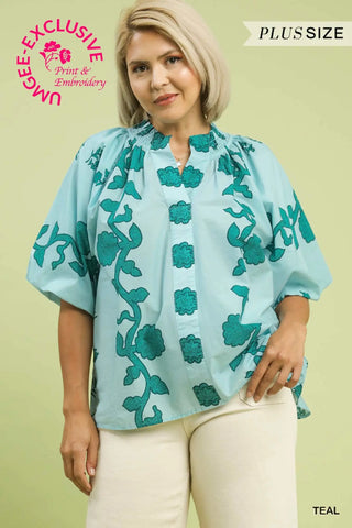 The Aria Smocked Stand Collar Puff Sleeve Embo Printed Top