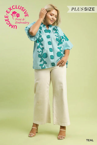 The Aria Smocked Stand Collar Puff Sleeve Embo Printed Top