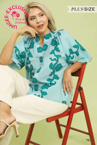 The Aria Smocked Stand Collar Puff Sleeve Embo Printed Top