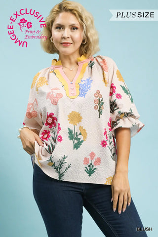 The Hailey Floral Blouse with Scallop Trim Collar