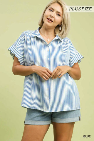 The Abigail Striped Button-Down Top with Scallop Sleeves