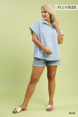 The Abigail Striped Button-Down Top with Scallop Sleeves