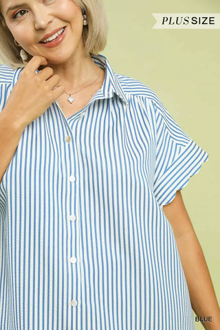 The Abigail Striped Button-Down Top with Scallop Sleeves