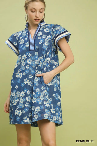 The Aurora Mixed Media Printed Chambray Y-Neck Ruffled Collar Flutter Sleeve Dress
