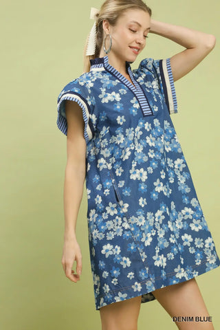 The Aurora Mixed Media Printed Chambray Y-Neck Ruffled Collar Flutter Sleeve Dress