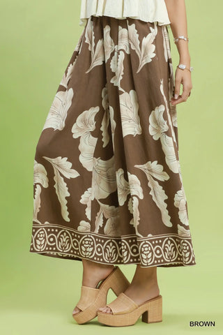 The Alessia Border Print Wide Leg Pull On Skirt Pants with Pockets