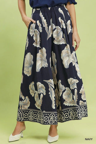 The Alessia Border Print Wide Leg Pull On Skirt Pants with Pockets
