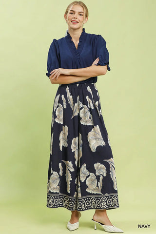 The Alessia Border Print Wide Leg Pull On Skirt Pants with Pockets