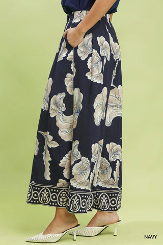 The Alessia Border Print Wide Leg Pull On Skirt Pants with Pockets