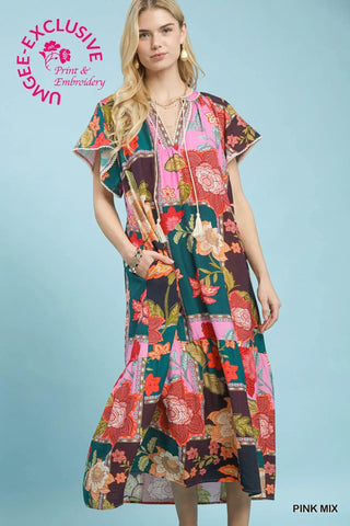 The Anastasia Abstract Print Midi Dress with Front Tie and Lace Trim Details
