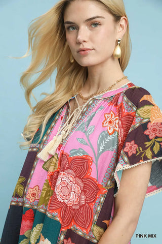 The Anastasia Abstract Print Midi Dress with Front Tie and Lace Trim Details