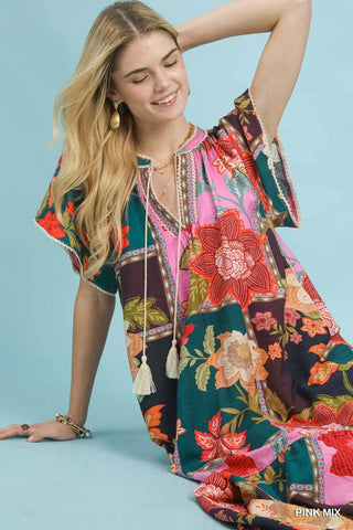 The Anastasia Abstract Print Midi Dress with Front Tie and Lace Trim Details