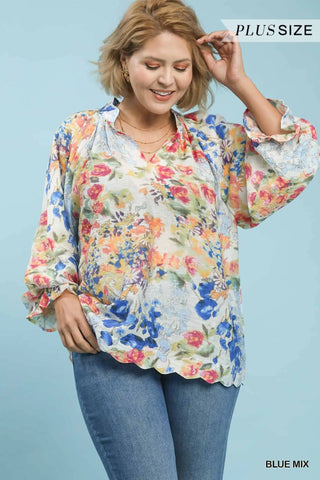 The Adeline Floral Watercolor Print Raglan Puff Sleeve Scalloped Split Neck Top