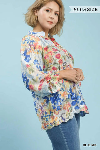 The Adeline Floral Watercolor Print Raglan Puff Sleeve Scalloped Split Neck Top