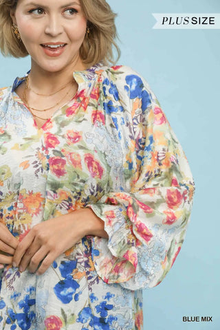 The Adeline Floral Watercolor Print Raglan Puff Sleeve Scalloped Split Neck Top