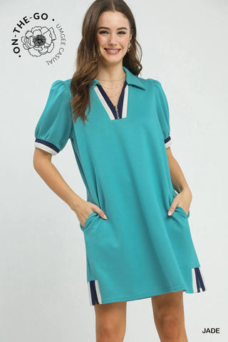 The Alice Puff Sleeves Collared V-Neck Front Zipper Shift Dress