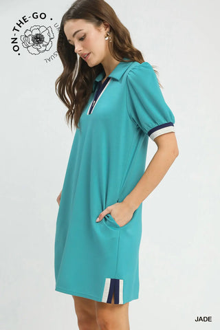 The Alice Puff Sleeves Collared V-Neck Front Zipper Shift Dress