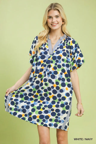 The Annalise Bubble Sleeve V-Neck Front Pleat Dot Print Kaftan Dress