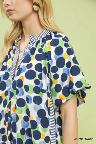 The Annalise Bubble Sleeve V-Neck Front Pleat Dot Print Kaftan Dress