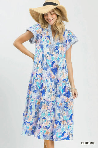 The Madi Mix Tropical Print Tiered Midi Dress