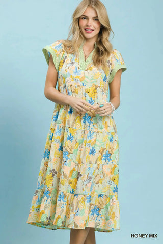 The Madi Mix Tropical Print Tiered Midi Dress