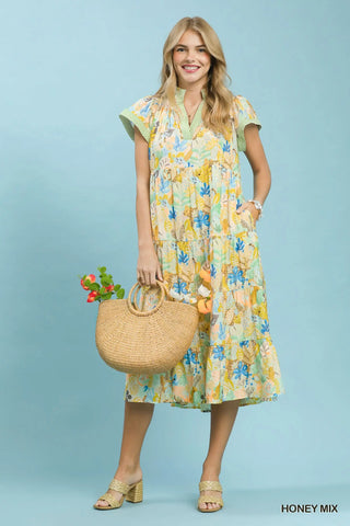 The Madi Mix Tropical Print Tiered Midi Dress