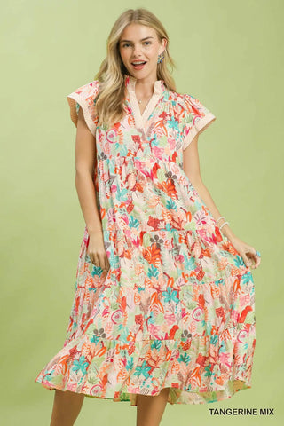 The Madi Mix Tropical Print Tiered Midi Dress