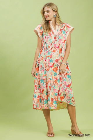 The Madi Mix Tropical Print Tiered Midi Dress