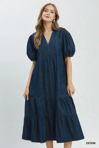 The Margie Denim Tiered Midi Dress