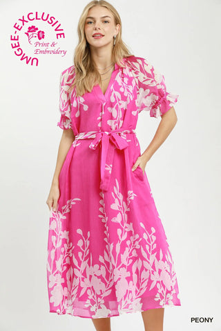 The Amelia Lining V-Neck Open Collared Printed Midi Dress