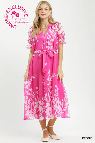 The Amelia Lining V-Neck Open Collared Printed Midi Dress