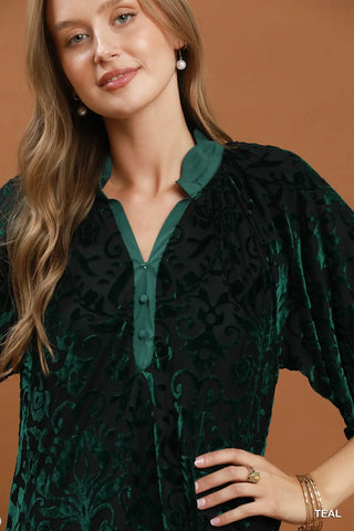 The Adelaide Raglan Puff Sleeves Scalloped Henley Neck Velvet Dress