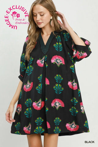 The Stella Abstract Print Mini Dress with Contrast Stitch